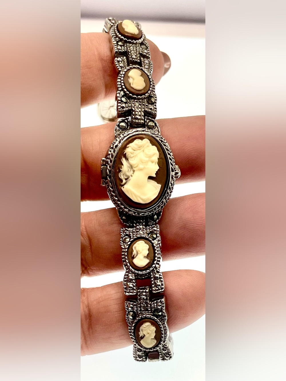 Vintage Geneva Cameo Secret Watch Bracelet Silver Tone Marcasite Hidden Watch